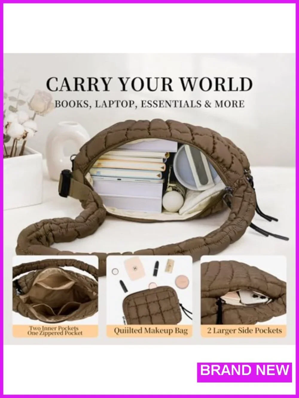 Quilted Puffer Tote Bag with Adjustable Strap and Detachable Pouch